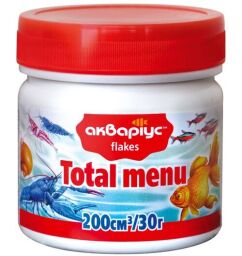 Корм для аквариумных рыб и креветок Аквариус "Total menu Flakes" в виде хлопьев 200 мл (30 г) от производителя Акваріус