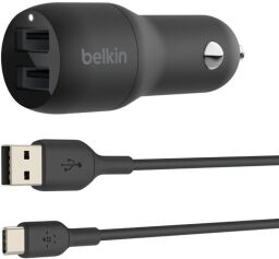 Зарядний пристрій автомобільний Belkin 24Вт 2хUSB-A, кабель USB-A > USB-C, 1м, чорний