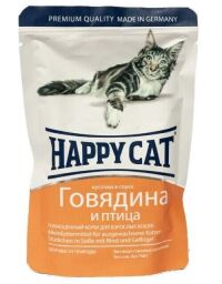 Влажный корм для кошек Happy Cat Rind Geflugel in Sosse, кусочки в соусе, с говядиной и птицей, 11 шт по 100 г (1002315) от производителя Happy Cat