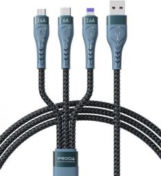 Кабель Proda PD-B74th USB - Lightning + micro USB + USB Type-C (M/M), 6 А, 1.3 м, Black (PD-B74th-BK)
