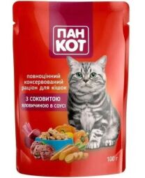 Вологий корм для котів Пан Кіт паучі 12 шт по 100 г (З соковитою яловичиною в соусі)
