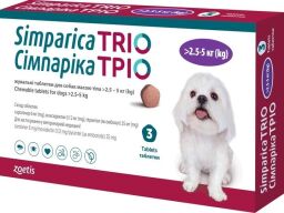 Таблетки від бліх, кліщів та гельмінтів Zoetis Сімпарика ТРІО для собак вагою від 2.6 до 5 кг, 3 шт
