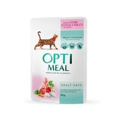 Вологий корм для дорослих кішок Optimeal 12 шт по 85 г (ягня та овочі в желе) від виробника Optimeal