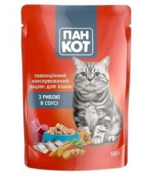 Вологий корм для котів Пан Кіт паучі 12 шт по 100 г (З рибою в соусі) від виробника Пан Кот