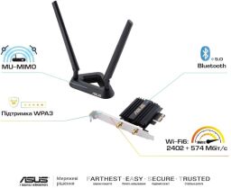 WiFi-адаптер ASUS PCE-AX58BT AX3000 Bluetooth 5.0 PCI Express WPA3 MU-MIMO OFDMA (90IG0610-MO0R00) від виробника Asus