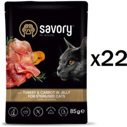 Упаковка вологого корму для стерилізованих котів Savory 22шт*85 г - індичка та морква