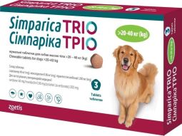 Таблетки від бліх, кліщів та гельмінтів Zoetis Сімпарика ТРІО для собак вагою від 20 до 40 кг, 3 шт (5414736055671) від виробника Zoetis