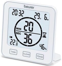 Термогігрометр Beurer, внутр. вимірювання, темп-ра, вологість, час, AAAx2, в комплекті, білий