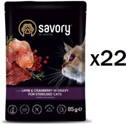 Упаковка вологого корму 22шт*85г Savory з ягням та журавлиною в соусі для стерилізованих котів (20093*22шт) від виробника Savory
