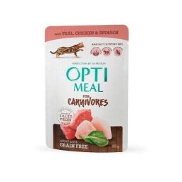 Вологий корм для дорослих кішок Optimeal 12 шт по 85 г (телятина, курка, шпинат у соусі) від виробника Optimeal