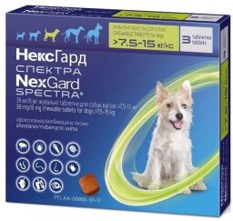 Таблетки від бліх, кліщів та гельмінтів Boehringer Ingelheim NexGard Spectra (Нексгард Спектра) для собак вагою від 7.5 до 15 кг, 3 шт