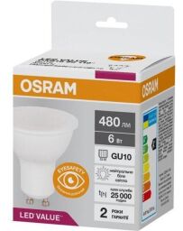 Светодиодная лампа OSRAM LED VALUE, PAR16, 6W, 4000K, GU10 (4058075689671) от производителя Osram
