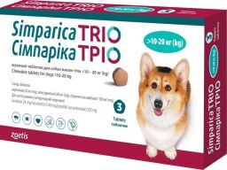 Таблетки від бліх, кліщів та гельмінтів Zoetis Сімпарика ТРІО для собак вагою від 10 до 20 кг, 3 шт