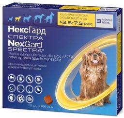 Таблетки від бліх, кліщів та гельмінтів Boehringer Ingelheim NexGard Spectra (Нексгард Спектра) для собак вагою від 3.5 до 7.5 кг, 3 шт