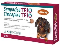 Таблетки от блох, клещей и гельминтов Zoetis Симпарика ТРИО для собак весом от 5 до 10 кг, 3 шт. (5414736055657) от производителя Zoetis