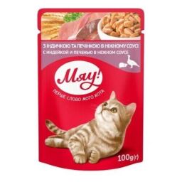 Влажный корм для взрослых кошек Мяу индейка и печень в нежном соусе 12 шт по 100 г от производителя Мяу!