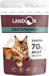 LANDOR Повнораціонний вологий корм для зрілих котів Телятина з Лососем 85г пауч (4250231541452) від виробника LANDOR