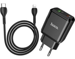 Мережевий зарядний пристрій Hoco N5 (1USB 3A QC3.0 + 1 PD Type-C) Black (S25719) + кабель Lightning