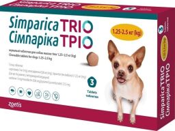 Таблетки від бліх, кліщів та гельмінтів Zoetis Сімпарика ТРІО для собак вагою від 1.25 до 2.5 кг, 3 шт