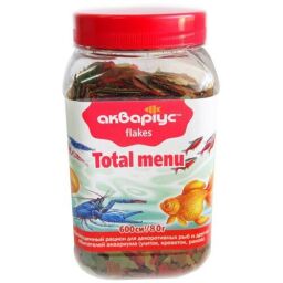 Корм для аквариумных рыб и креветок Аквариус "Total menu Flakes" в виде хлопьев 600 мл (80 г) от производителя Акваріус