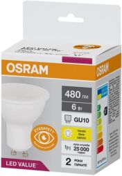 Лампа світлодіодна OSRAM LED VALUE, PAR16, 6W, 3000K, GU10 (4058075689626) від виробника Osram